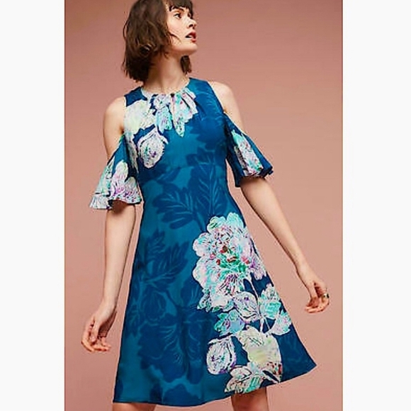 Anthropologie MAEVE elias Open Shoulder  Floral Dress In Teal Blue/white. Size 4 - Picture 1 of 13